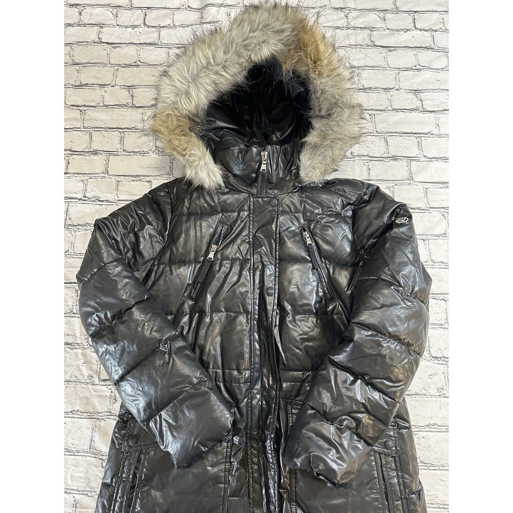 Calvin Klein Women's Puffer Coat M Black Glossy Removable Hood Faux Fur Trim